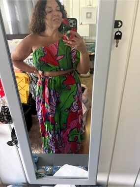 FARM Rio One-Shoulder Maxi Dress in Green, Pink & Red Floral